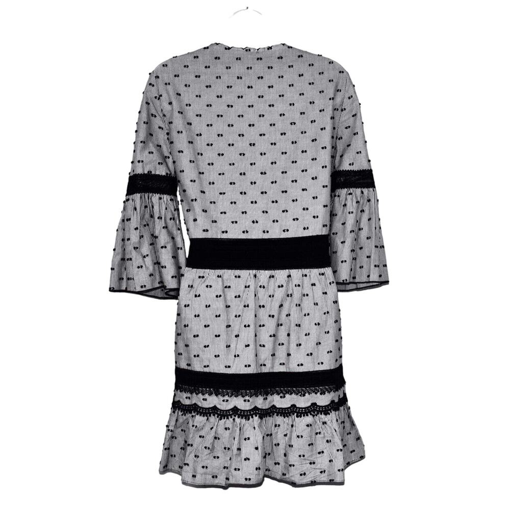 A5 NEW KOBI HALPERIN Gray & White Pinstripe Black Dots Bell Sleeve Dress Size XS - Picture 4 of 6